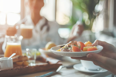 Support or communication, caregiver and conversation with medical person with elderly female at home and at the dining table.の素材