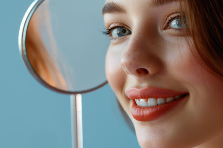 Portrait of a woman with a smile after teeth whitening, dental service and dental care. Healthcare, dentistry and a female patient with orthodontist for oral hygiene, wellness and cleaning.の素材