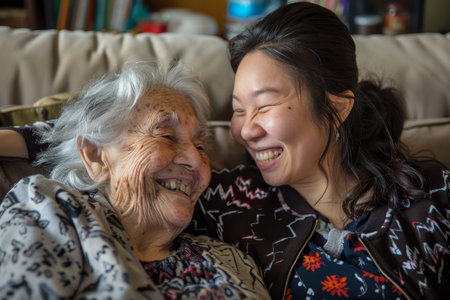 A smile, hilarity, and a kind nurse after visiting an old patient in their home during their retirement together.の素材