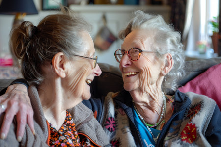 Nurse, volunteer and elderly woman laughing on the sofa together with a smile and a smile during a hospital visit.の素材
