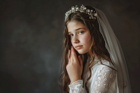 Standing against a dark background, a positive young woman with long hair and hands on the face wears a First Communion dressの素材
