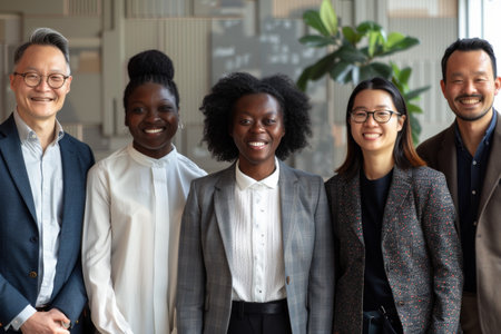 A multiracial team of businesspeople smiles at the camera in a modern office.の素材