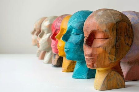 Diversity and inclusion are symbolized by a wooden head with different colors.の素材