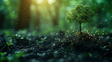 Symbol for environmental, social, and governance in sustainable and ethical businesses on a green background with a small tree.の素材