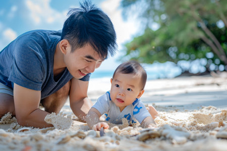 A father and son playing outdoors on a summer beach on Fathers Dayの素材