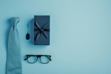 A nice gift box with a necktie and glasses on pastel blue background. Flat lay, top view. Copy space on the bottom.の素材