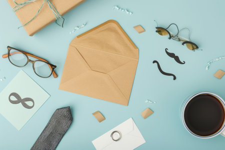 An idea for a Fathers Day surprise. A top view vertical of an open envelope, a postcard with mustaches, a coffee mug, a tie, glasses, a craft paper gift box, and other mens accessories on a pastelの素材