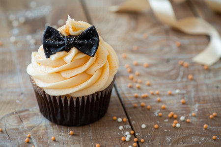 On a wooden table, a special cupcake and bow tie are displayed in celebration of Fathers Dayの素材