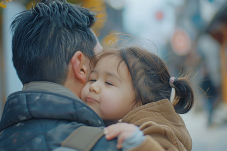 Detailed portrait of a little girl kissing her dad on the cheek, embracing and kissing her father in the outdoors. Loving child embraces and kisses her father in the smile.の素材
