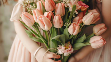 The daughter of the mother congratulates her and presents her with a bouquet of flowers on Mothers Dayの素材