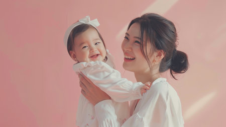 A woman mama in light clothes and her cute baby girl play on a pastel pink wall background. Mother and daughter playing on a pastel pink wall background for a portrait of mothers Day.の素材