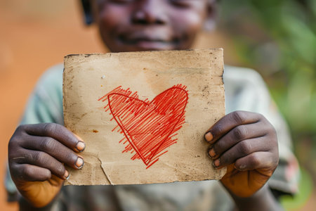 The African father received a paper postcard on Fathers Day written by his caring little daughter with the message best wishes, drawn with a red heart as symbol of love and deep affection, aの素材