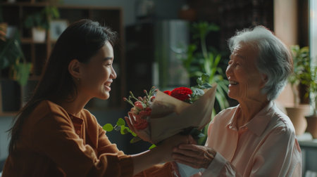 In celebration of Womens Day, a loving young adult woman congratulates her elderly mother at home with birthday flowers. A smiling caring adult daughter shows her mom appreciation with flowers.の素材