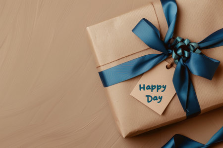 Flat lay vintage gift box with blue ribbon bow and Happy Fathers day label on color background. Fathers day wide banner design.の素材