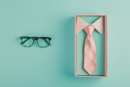 Flat lay with a copy space, a Fathers Day gift box, necktie, glasses on a pastel blue background.の素材