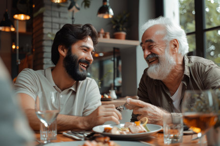 Father, grandfather, and son enjoying lunch together on Fathers Day. Cheerful young adult and mature man laughing as they eat lunch together.の素材