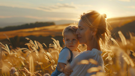 Mother and son enjoying nature on a sunny dayの素材