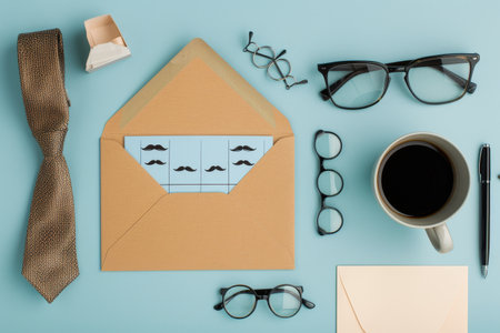 Top view vertical of open envelope, postcard with mustaches, coffee mug, tie, glasses, craft paper giftbox with bow, and other mens accessories on pastel blue background.の素材