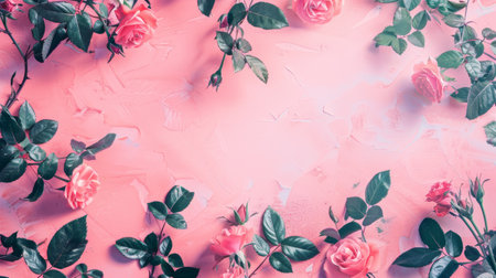 With copyspace, a banner with rose flowers and leaves on pink background. Springtime composition.の素材