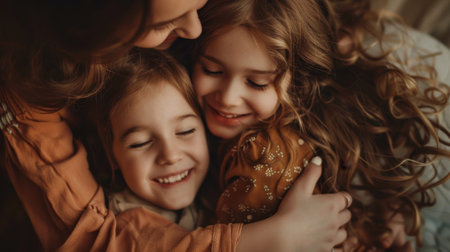 Playing and hugging children of a mother and her daughter.の素材