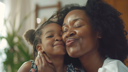 An African little girl is seen kissing her mother on the cheek at home. This is a lovely black female child kissing a cheerful and proud female parent on mothers day.の素材