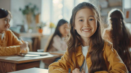 The concept is of an asian junior high school girl writing in her notebook, posing and looking at the camera as she sits at a desk in a classroom. There are a group of diverse classmates studying inの素材