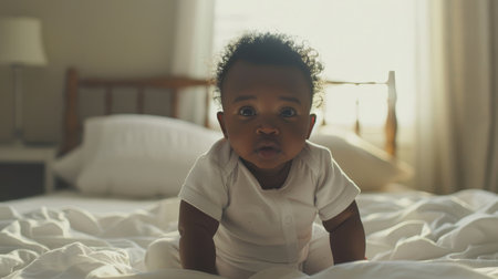 African American infant lying on a bedの素材
