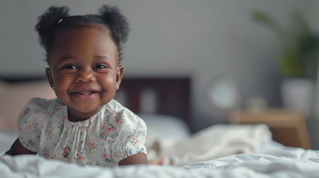 Little Black Baby Girl Smiling At Camera In Bedroom At Home. Ad Banner With Cute Child Posing Indoor. Panorama With Copy Space For Your Text.の素材