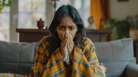 Young Indian female suffering from cold and flu on couch in living room, blowing nose in napkin. Covid-19 lockdown, treatment of illness, cold, or runny nose, copy space.の素材