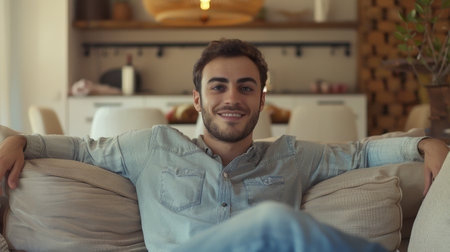Happy Middle Eastern man relaxing on comfortable couch at home, leaning back, while enjoying his weekend off or break from work.の素材