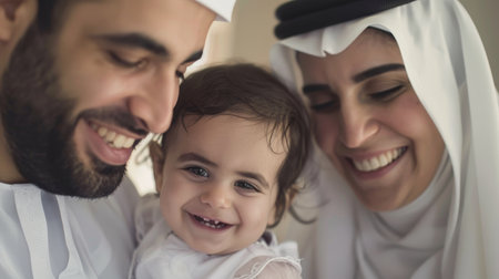 Middle Eastern parents and their young daughter having fun at homeの素材