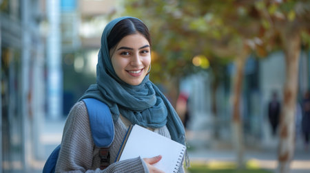 Student standing outside with smartphone and workbooks, Happy Young Middle Eastern Woman Walking In City After College Classes, Looking Away And Smiling, Copy Spaceの素材
