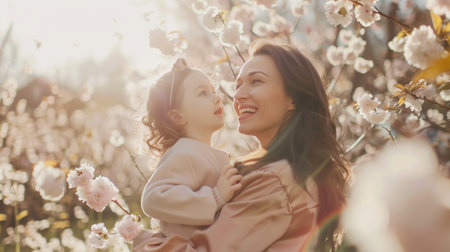 Greetings from a happy woman and her child in the flowers of a spring garden. Mothers Day holiday concept.の素材
