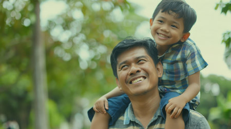 Playing outside with dad while giving son a ride on his back. Illustration of a happy father and son giving a piggyback ride on his shoulders. Cute boy with dad playing outside with dad.の素材