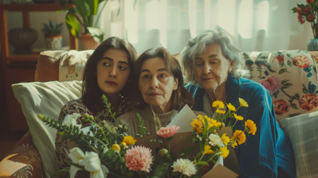 The teenager and her mother are hiding flowers and a gift box for their beautiful granny behind their backs while grandma sits on the couch at home.の素材