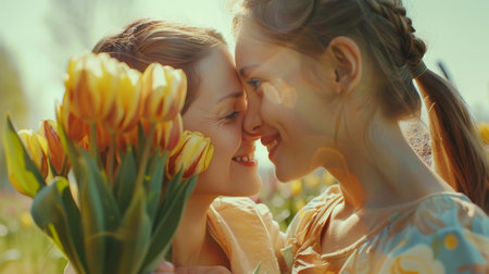 This is a photo of a child daughter congratulating her mother and giving her tulips. Mum and the child are smiling and hugging. Family holiday.の素材
