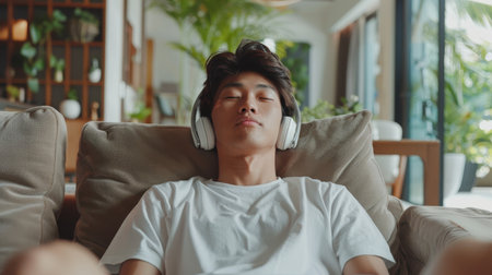 Concept for rest and relaxation. Asian man sitting on couch with wireless headphones, listening to podcasts and music, enjoying meditation for sleep and peaceful mind.の素材