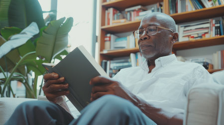 Senior African American Man Reading Book While Sitting At Home, Wearing Eyeglasses. Retired Man Reading New Novel On Weekends. Retirement Leisure Concept.の素材