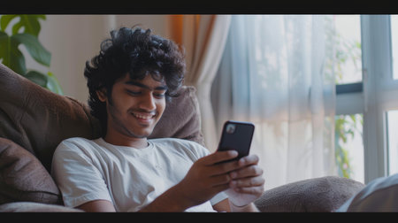 This is a smiling curly young indian man chattering with his girlfriend in an armchair at home, using social media, using a mobile app, and taking a panorama with copy space.の素材