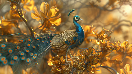 An abstract artistic background with floral plants, branches, peacocks, gold. A three-dimensional, textured background. Painting. Modern Art. Wallpapers, posters, cards, murals, prints and more!の素材