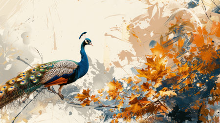 Artistic background, vintage illustrations, flowers, plants, branches, peacocks, gold brushstrokes, textured background. Painting. Modern Art. wallpapers, posters, cards, murals, prints, etc.の素材