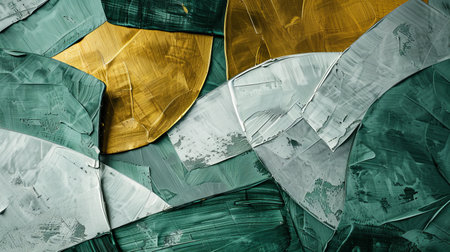 Painting background. Retro, nostalgic, golden brushstrokes. Oil on canvas. Modern art. Geometric, green, gray, wallpaper, poster, card, mural, rug, hanging, print.の素材