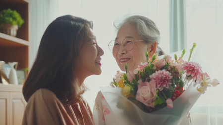 Female millennial child congratulates her loving elderly mother on Womens Day. Smiling caring daughter presents flowers to old mom.の素材