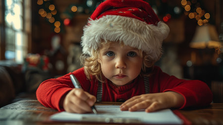 Writing on paper at a table in a home by a boy wearing a Santa hatの素材