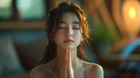 An asian young woman making a wish, sitting meditating on her sofa at home, praying to God for help, closing her eyes and waiting for God to provide, thanks to God.の素材