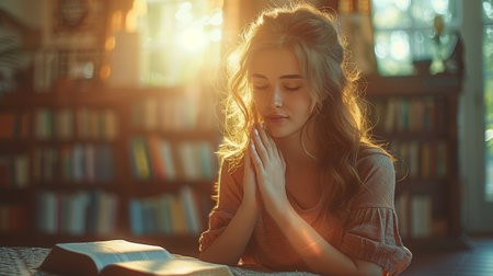 During Christian life crisis, a woman prays to god for blessings in their quest for a better life. She holds the bible while begging for forgiveness and believing in Gods goodness.の素材