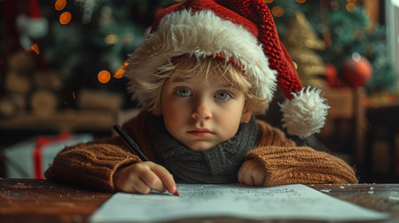 The boy is writing on paper at the table, wearing a santa hatの素材