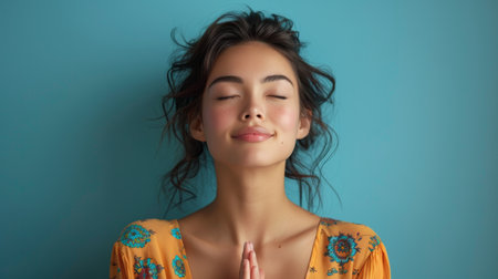 Female student makes wish before exam. Happy brunette Asian woman praying for good luck closes eyes on blue background.の素材