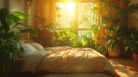 Bedroom with indoor plants. Home interior design. Biophilic design. Urban jungle concept.の素材