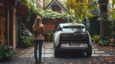 The concept of sustainable and economic transportation, a young woman waits while her electric car charges in her home charging station.の素材